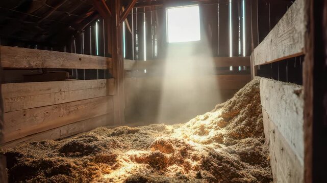 Sunlight illuminating hay inside a barn stall