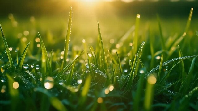 Dew-kissed grass glimmers in the warm morning light