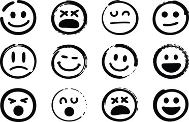 Obraz premium Grunge Hand-Drawn Smiley Faces with Various Expressions - Black and White Emoticons for Creative Design Projects
