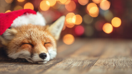 Fototapeta premium Fox sleeps quietly with a red hat on a wooden surface near light