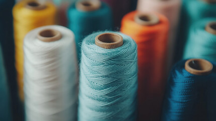 Colorful spools of thread arranged neatly on display in a craft