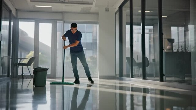 A cleaner mops the shiny floor in a modern office