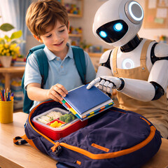Humanoid AI Robot Helping Child Pack School Bag at Home