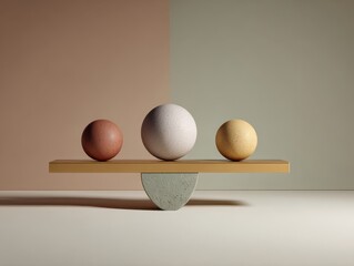 Abstract composition featuring three textured spheres in earthy tones balanced on a minimalist shelf, showcasing modern design with copy space for creative use
