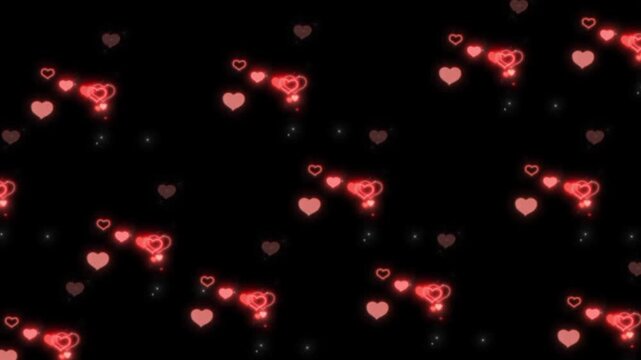 Glowing red hearts floating on black background, romantic neon heart particles animation, elegant love symbols for wedding and valentine video