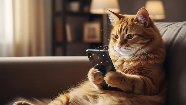 An adorable orange tabby cat sits comfortably on a sofa, intently looking at a smartphone held in its paws in a cozy living room.