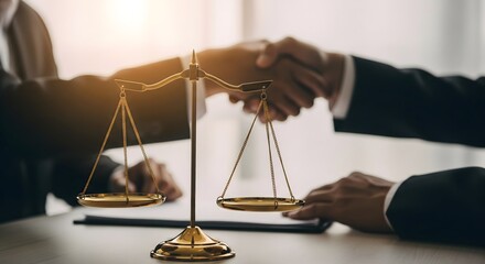Business handshake beside balanced justice scales on desk, symbolizing legal agreement, fair deal, trust, negotiation success, ethical practice, partnership resolution, and professional law services