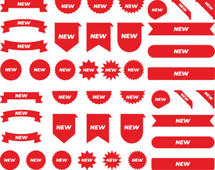 Collection of diverse red 'NEW' vector labels, ribbons, and badges for promotions and announcements