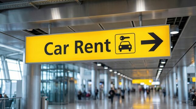 Airport rental car sign,yellow directional signage with icon of car and key,transportation and travel concept in modern terminal interior