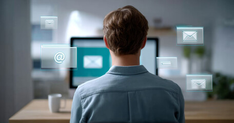 Person sitting at desk using computer with floating email icons representing digital communication and online messaging in modern environment