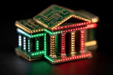 Abstract minimalism featuring a clean circuit board design in green and gold, illuminated with vibrant LED lights, showcasing intricate details and modern technology aesthetics