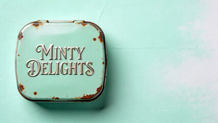 A vintage, rusty mint-green tin box with ornate silver embossed Minty Delights text sits on a soft pastel turquoise background