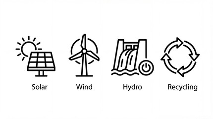 Sustainable Green Energy Icons Set: Solar Panel, Wind Turbine, Hydro Power, and Recycling Symbols