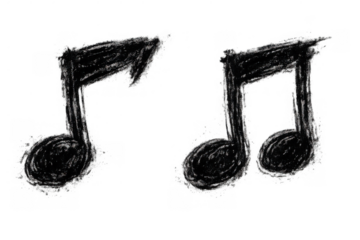 Hand drawn musical notes in a rough sketch style, depicting two eighth notes. Transparent background for versatile use