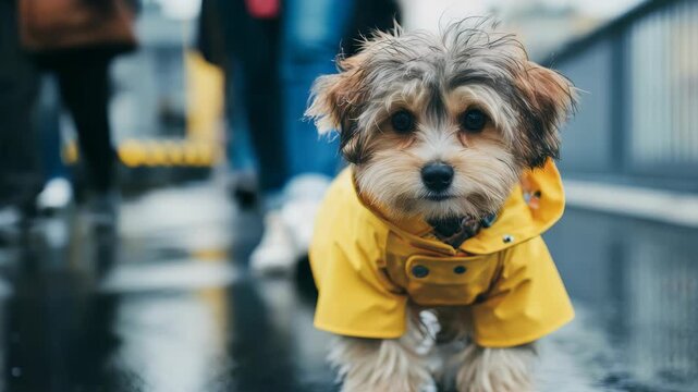 Cute puppy in a stylish yellow raincoat poses on a shiny wet pavement, capturing a heartwarming city moment. The scene radiates warmth and charm despite the rainy weather