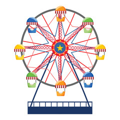 Big wheel carousel with star center hub, bright cabins and metal support frame, isolated on clean background, perfect