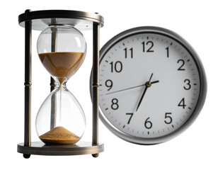 Close-Up Hourglass and Clock, Perspective Angle, isolated