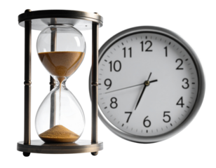 Close-Up Hourglass and Clock, Perspective Angle, isolated