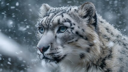 Obraz premium Majestic Snow Leopard Portrait in Falling Snow - Rare Wild Cat in Winter Habitat