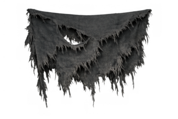 Black ragged fabric hanging, torn gothic textile, spooky weathered material for grunge or halloween concepts