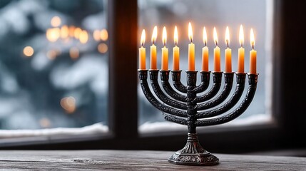 A lit menorah with glowing candles placed on a wooden surface by a window during winter