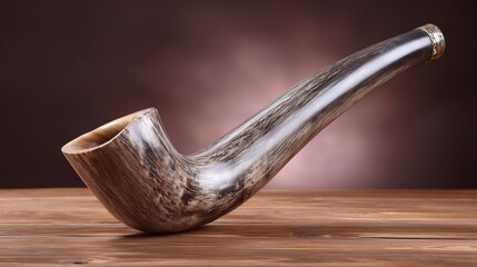 Elegant wooden smoking pipe resting on a wooden table with a dark background