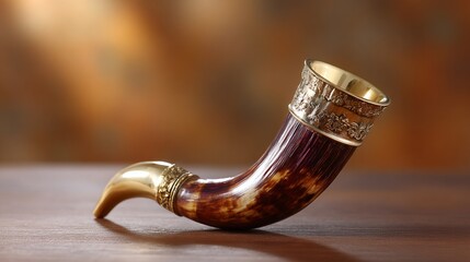 Decorative drinking horn with ornate metal embellishments on a wooden surface