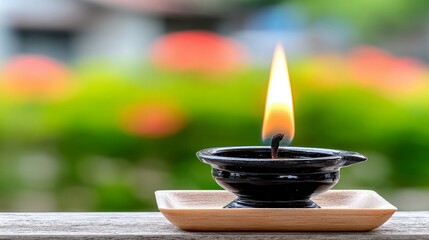 A peaceful scene featuring a candle flame on a wooden surface against a blurred garden background