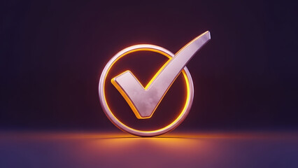 Glowing checkmark symbol in neon orange circle on dark background
