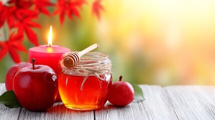 Jar of honey with apples and a red candle surrounded by autumn leaves on a sunny day