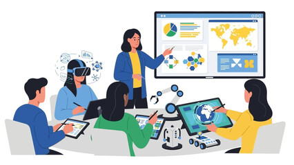 People in a meeting room using technology and discussing data.