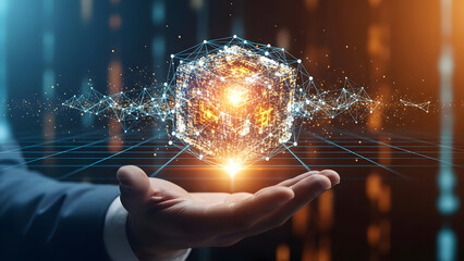 Businessman presenting glowing digital network in hand