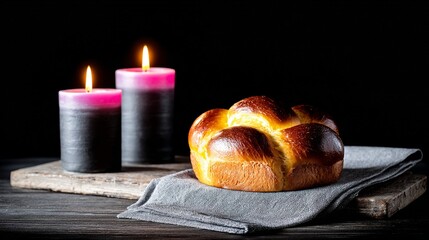 Warm ambiance with lit candles and braided bread on a rustic wooden table setting