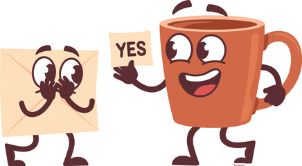 Cartoon Coffee Cup and Envelope Characters with YES for Fun Communication Design