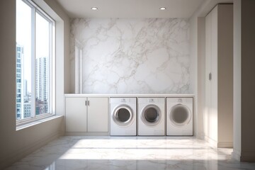 Modern, brightly lit utility room features multiple front-loading appliances against a marble wall