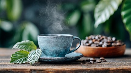 Steaming cup of coffee with coffee beans and leaves on a rustic wooden table in a cozy setting