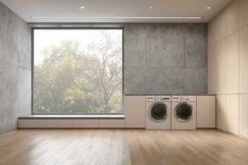 Contemporary utility space features dual front loading appliances set against textured walls and bright outdoor view