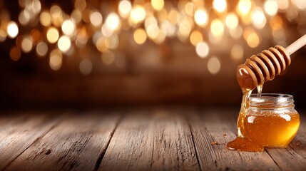 Jar of honey with dipper on rustic wooden surface under warm bokeh lights