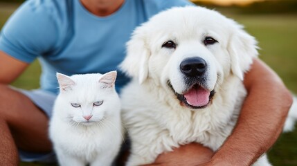 Man with a large white dog and white cat sitting together in a grassy outdoor setting