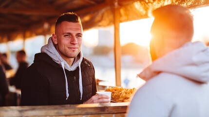 Two friends enjoying a casual outdoor meal at sunset with warm golden light
