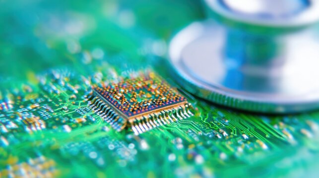 Circuit board with microchip and stethoscope checking technology details - Powered by Adobe