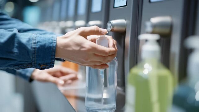 Hands are seen placing clear pump bottle under dispenser nozzle at refill station, emphasizing plastic reduction, green lifestyle. Scene reflects environmental awareness, responsible choices