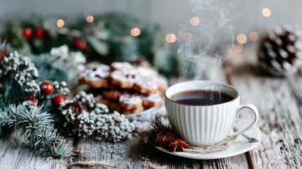 Warm cup of coffee on a rustic wooden table with holiday decorations and cookies