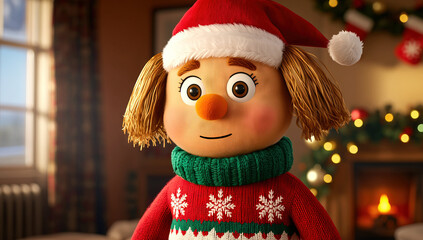Naklejka premium Festive Animated Character in Cozy Living Room with Christmas Decorations