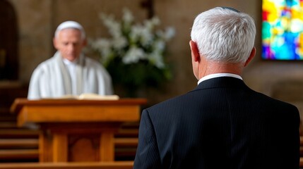 An elderly man attending a religious service with a priest reading in the background