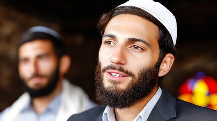 Young man wearing a white cap and suit speaking thoughtfully with a blurred colorful background