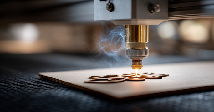 Close-up of laser cutting machine engraving intricate floral pattern on wooden sheet in industrial workshop