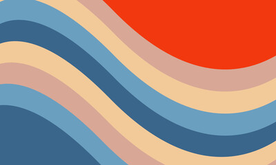 Obraz premium An abstract background features curved stripes in shades of blue, beige, and peach, with a red section in the corner. The image creates a modern and colorful design.