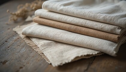 Assorted natural fabric swatches�organic cotton, hemp, linen�arranged neatly on rustic wood.