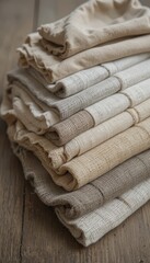 Assorted natural fabric swatches�organic cotton, hemp, linen�arranged neatly on rustic wood.